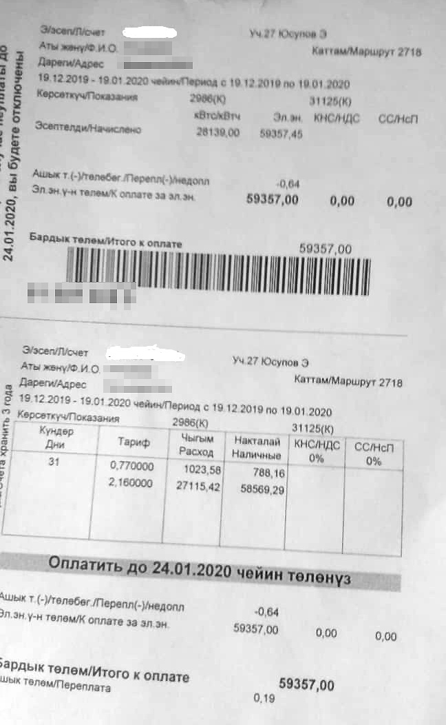Квитанция почти на 60 тысяч сомов пришла жительнице Иссык-Кульской области