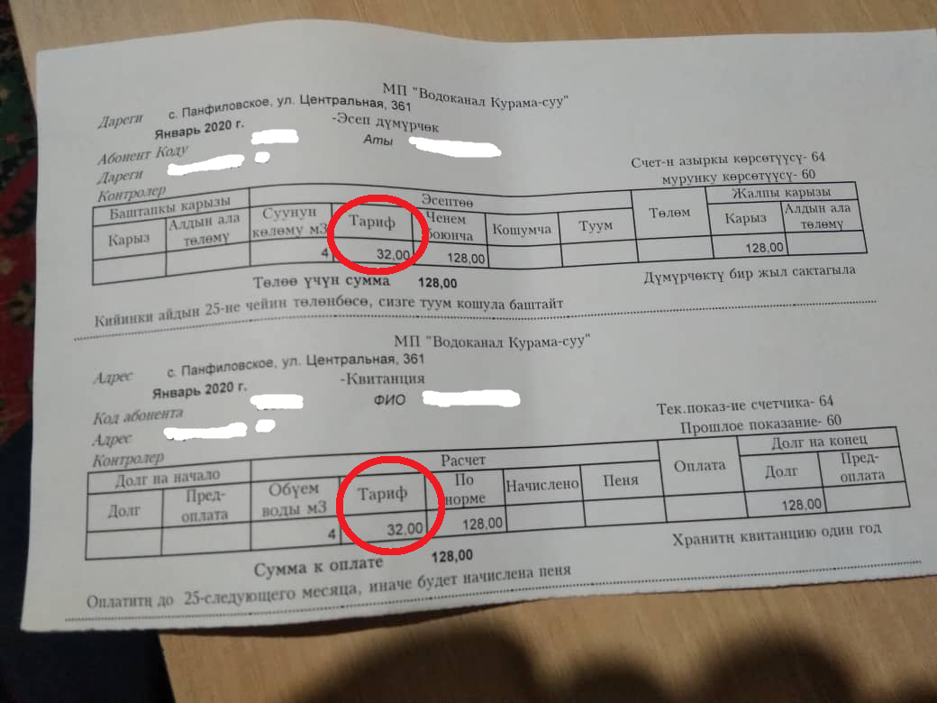 Один кубометр воды в Панфиловском стоит 32 сома