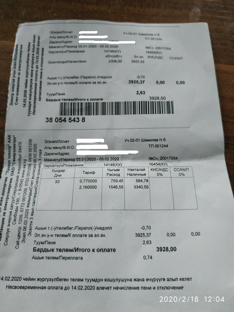 Счет за электроэнергию в январе составил почти 4 тысячи сомов