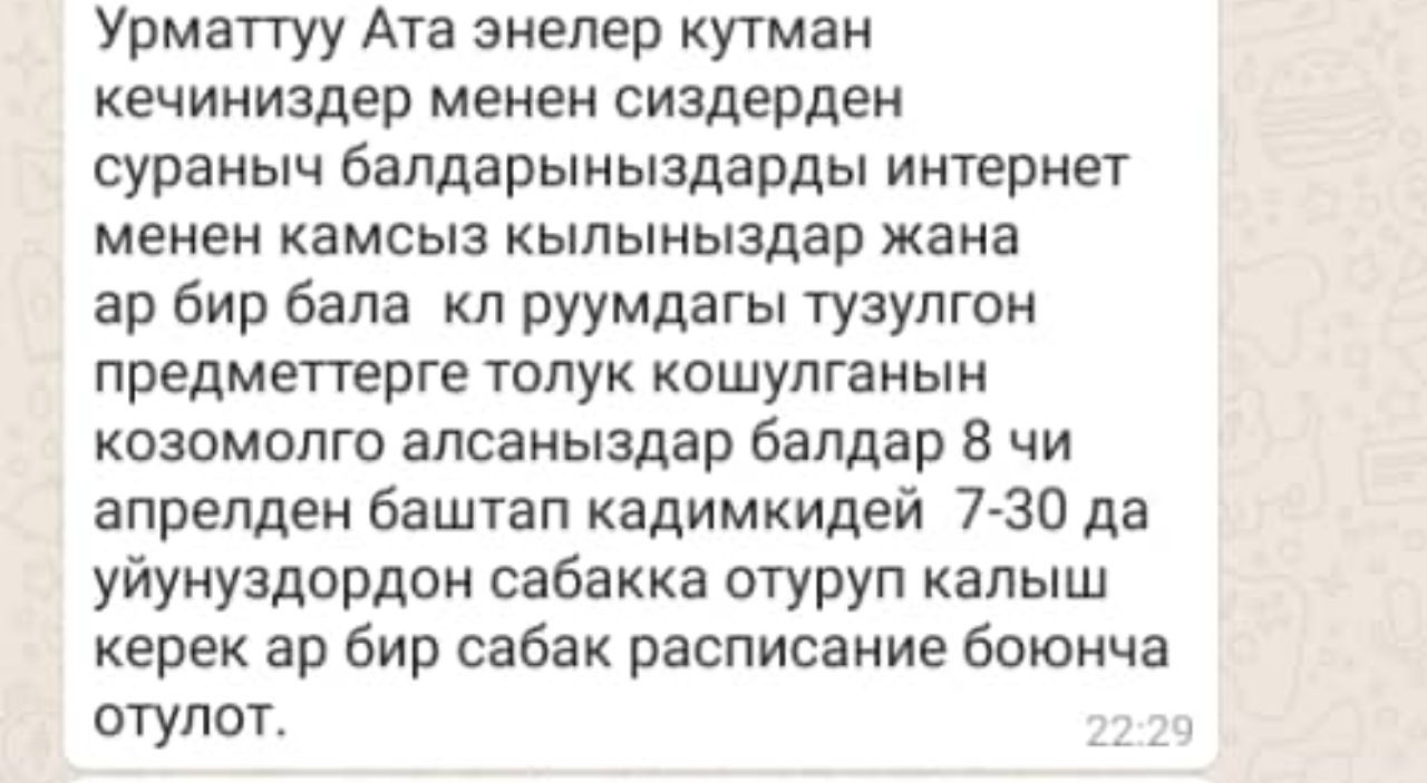 В школе № 69 имени Токтогула Сатылганова онлайн-уроки длятся по 45 минут