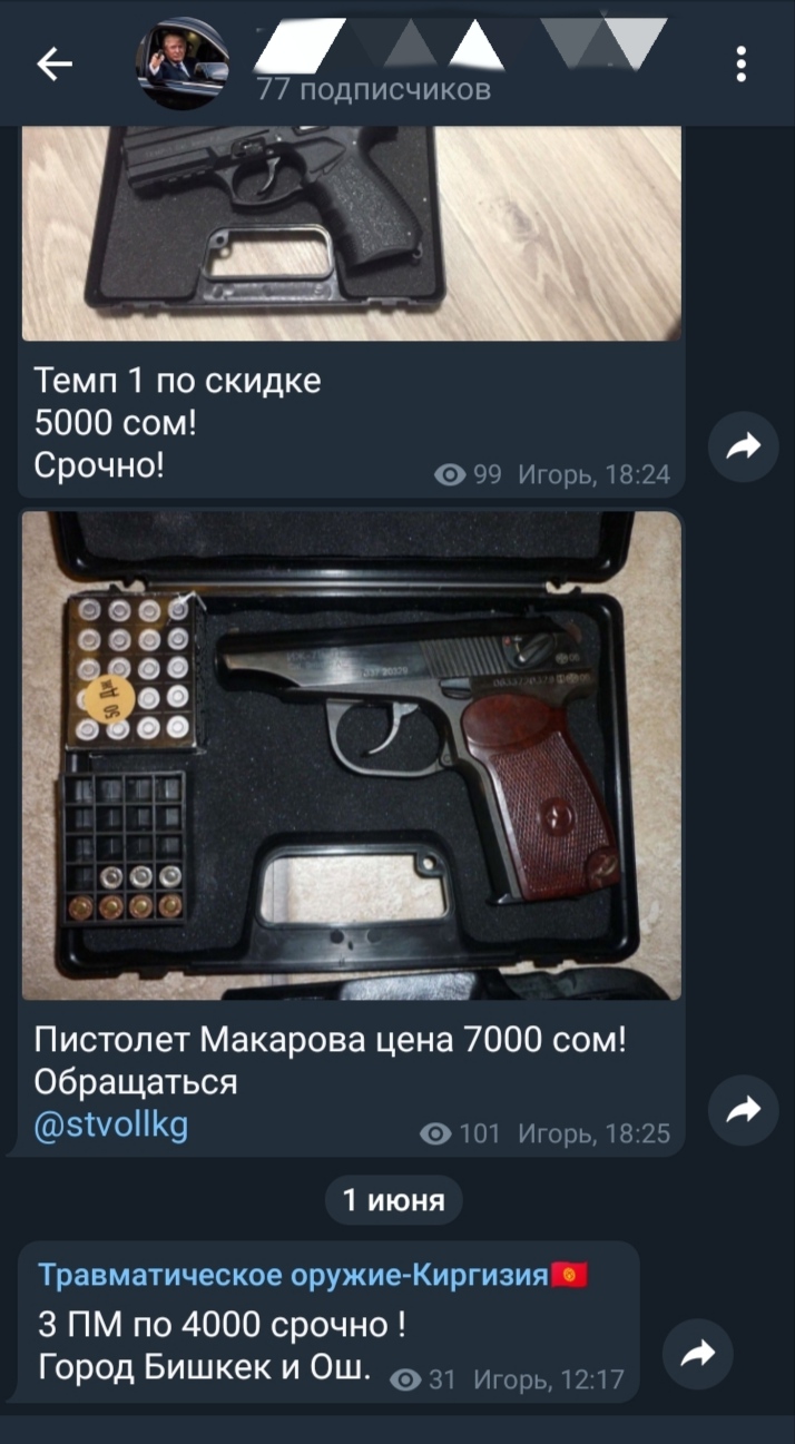 В Кыргызстане через Telegram-каналы открыто продают травматическое и огнестрельное оружие