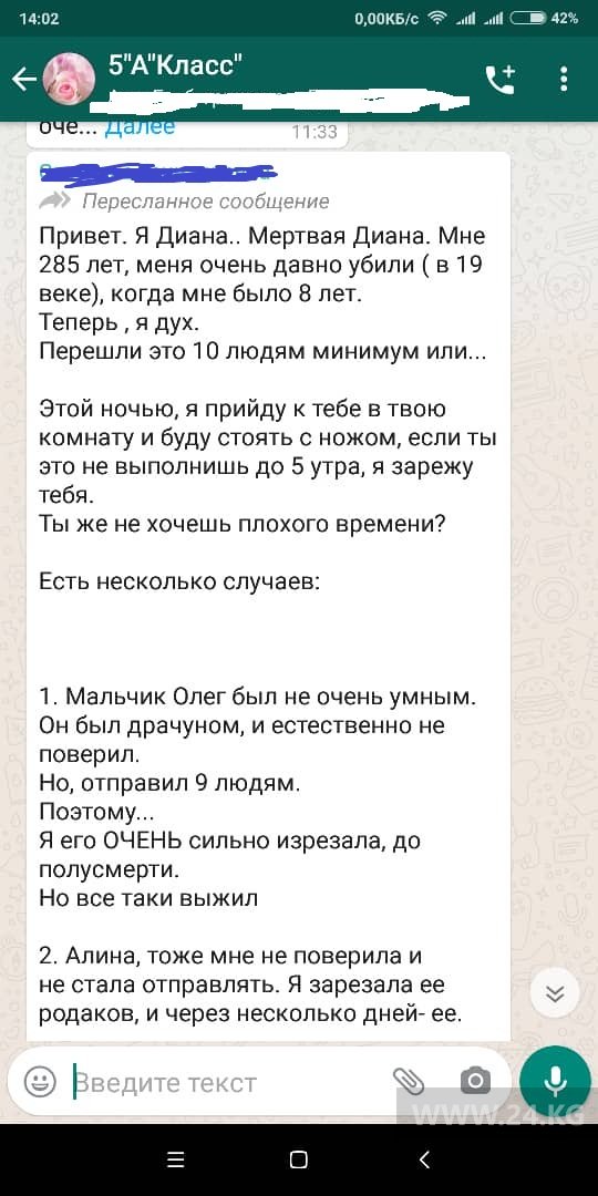 Скриншот сообщения, пересылаемого детьми