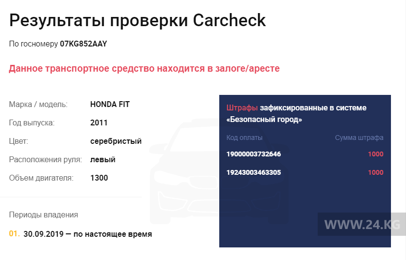 На легковушке два штрафа. Она числится в залоге или аресте
