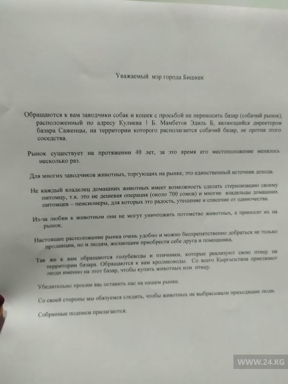 Письмо в мэрию Бишкека