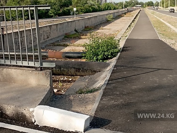 Пешеходная дорожка делает наклон, но канал никак не огражден, и сейчас его уровень ниже аллеи. Так и представляешь, как зимой катишься прямиком туда