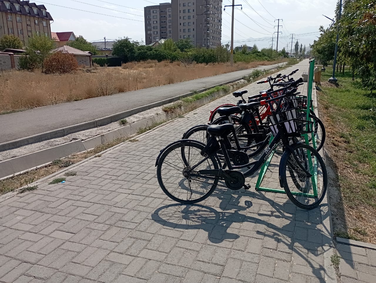 Точку проката установили на тротуаре, хотя рядом велодорожка