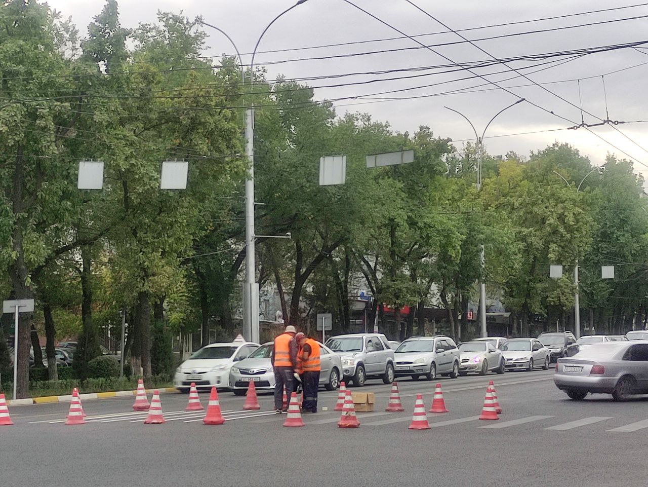 Наносят разметку на пересечении Манаса — Ахунбаева