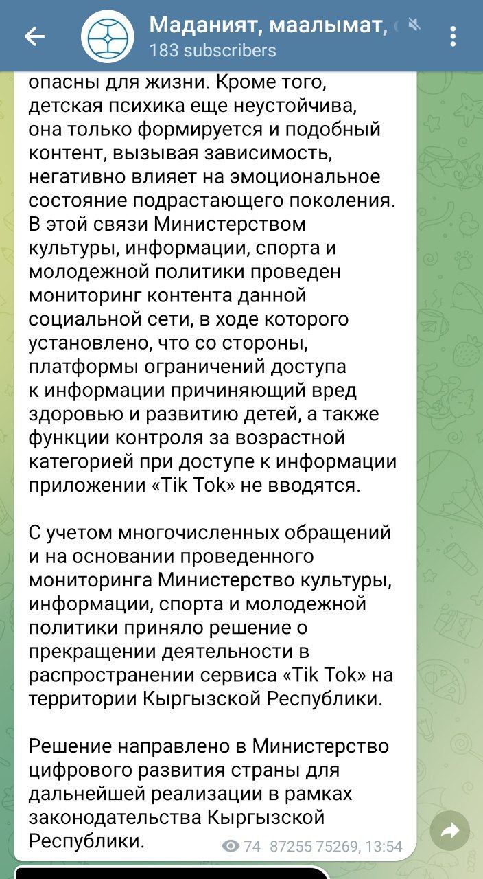 Первый пресс-релиз министерства про блокировку TikTok в Кыргызстане