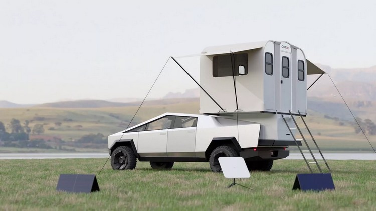 Складной дом на колесах в багажнике пикапа Tesla Cybertruck