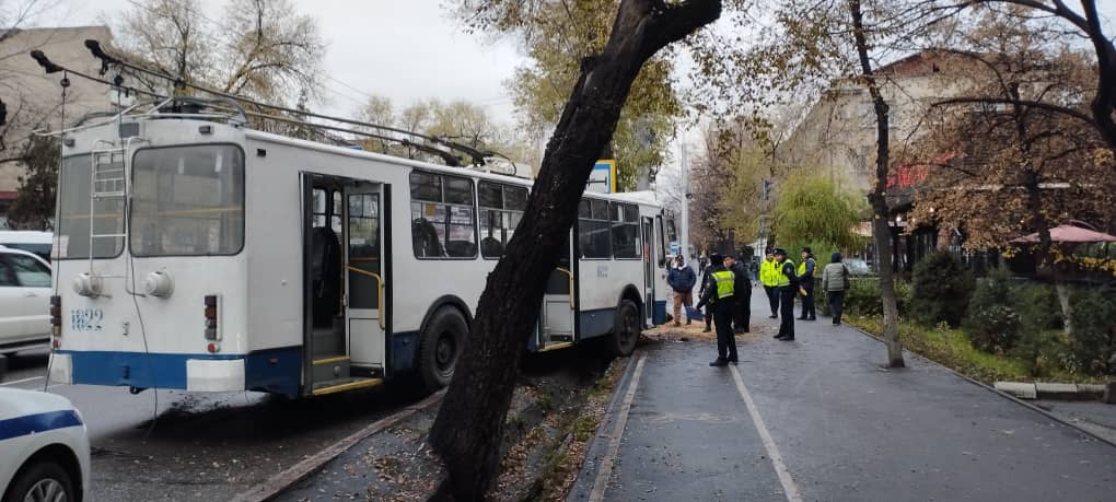 В Бишкеке троллейбус врезался в дерево