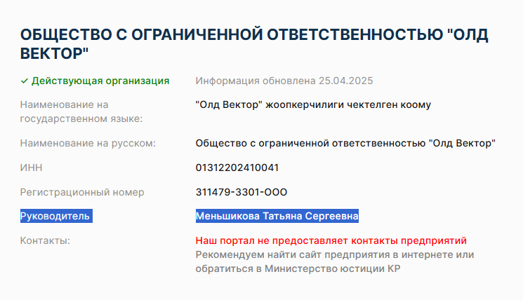 Компания зарегистрирована на имя Меньшиковой Татьяны Сергеевны
