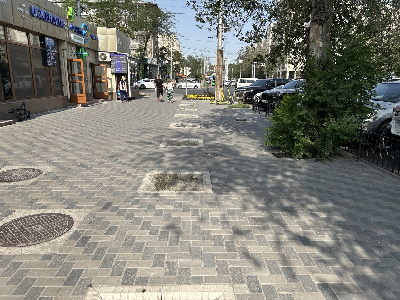 Участок улицы Московской, на котором нет никакой зелени, и люди вынуждены передвигаться под палящим солнцем