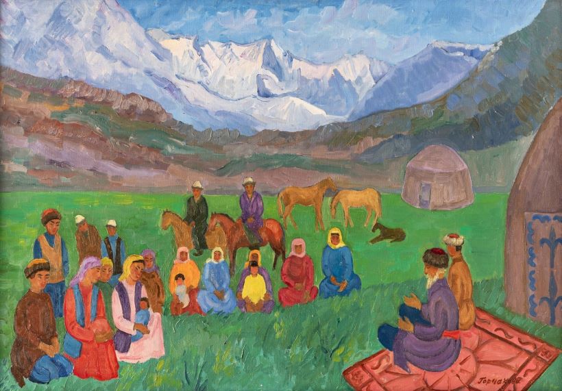 Картина художницы Татьяны Горчаковой «В горах Киргизии. Беседа». 1978 год