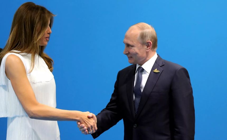 Мелания Трамп и Владимир Путин во время проведения саммита G20 (июль, 2017 год)