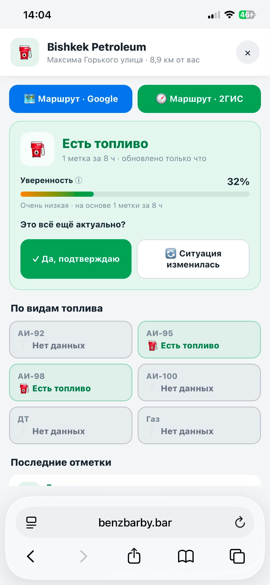 Карта АЗС с актуальным наличием топлива