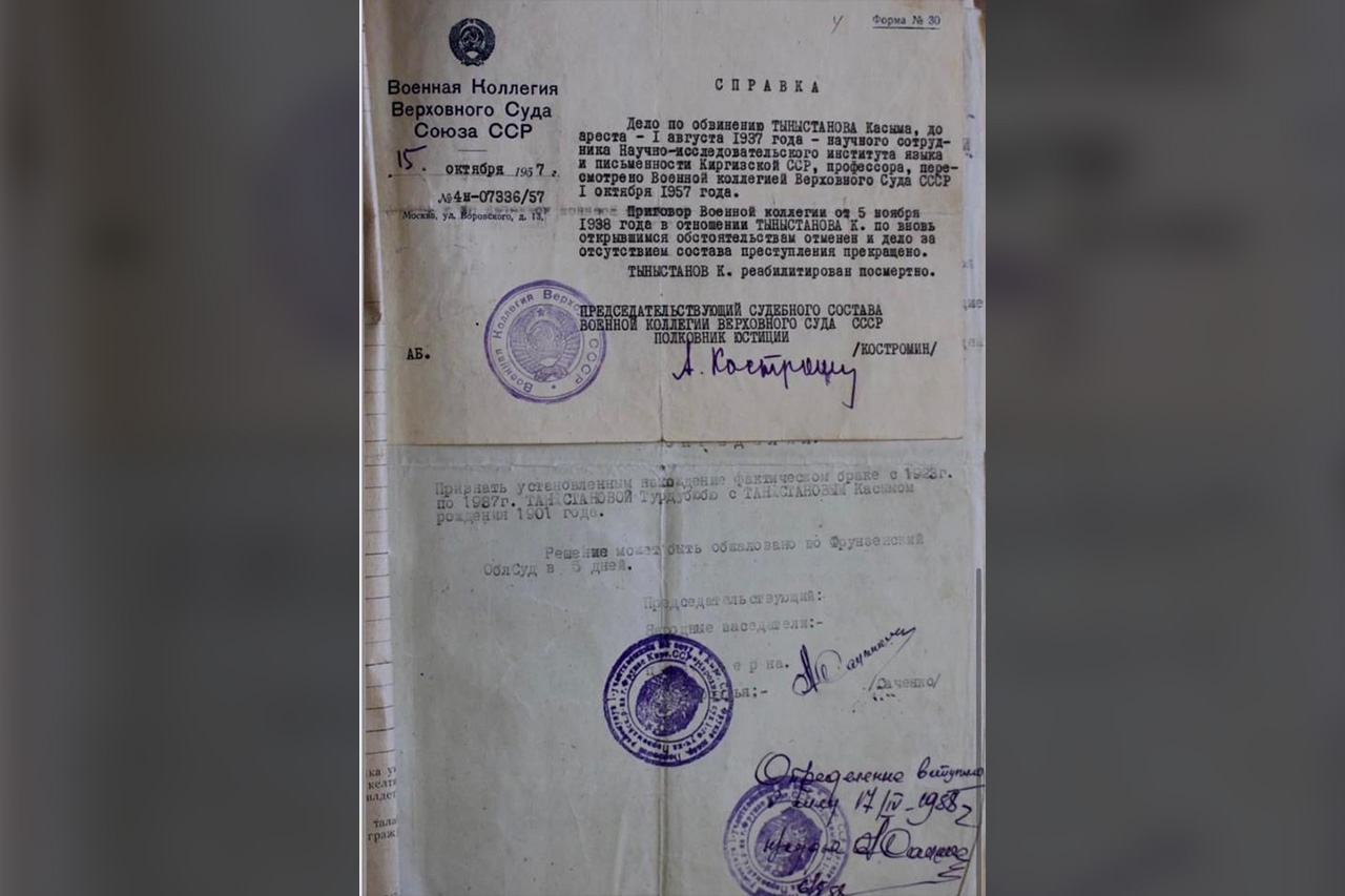 Документ о реабилитации Касыма Тыныстанова