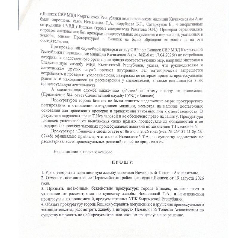 Апелляционная жалоба Толекан Исмаиловой
