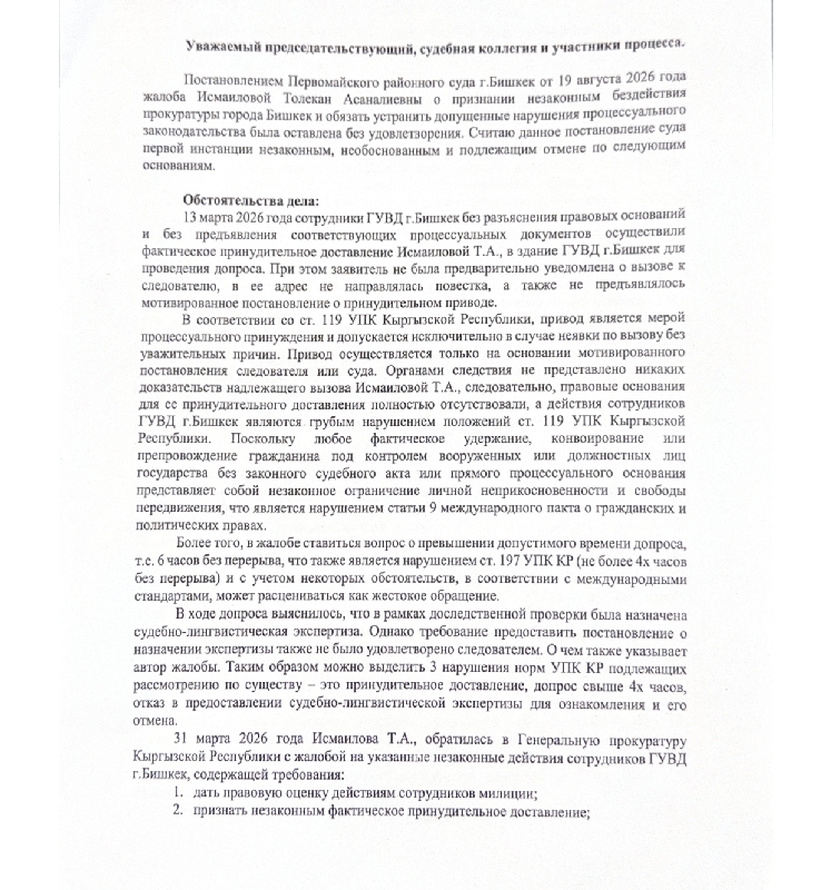 Апелляционная жалоба Толекан Исмаиловой
