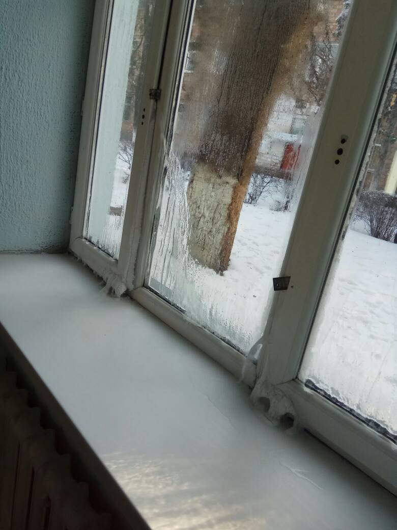 Промерзшее изнутри окно в здании Республиканского училища олимпийского резерва. 2018 год